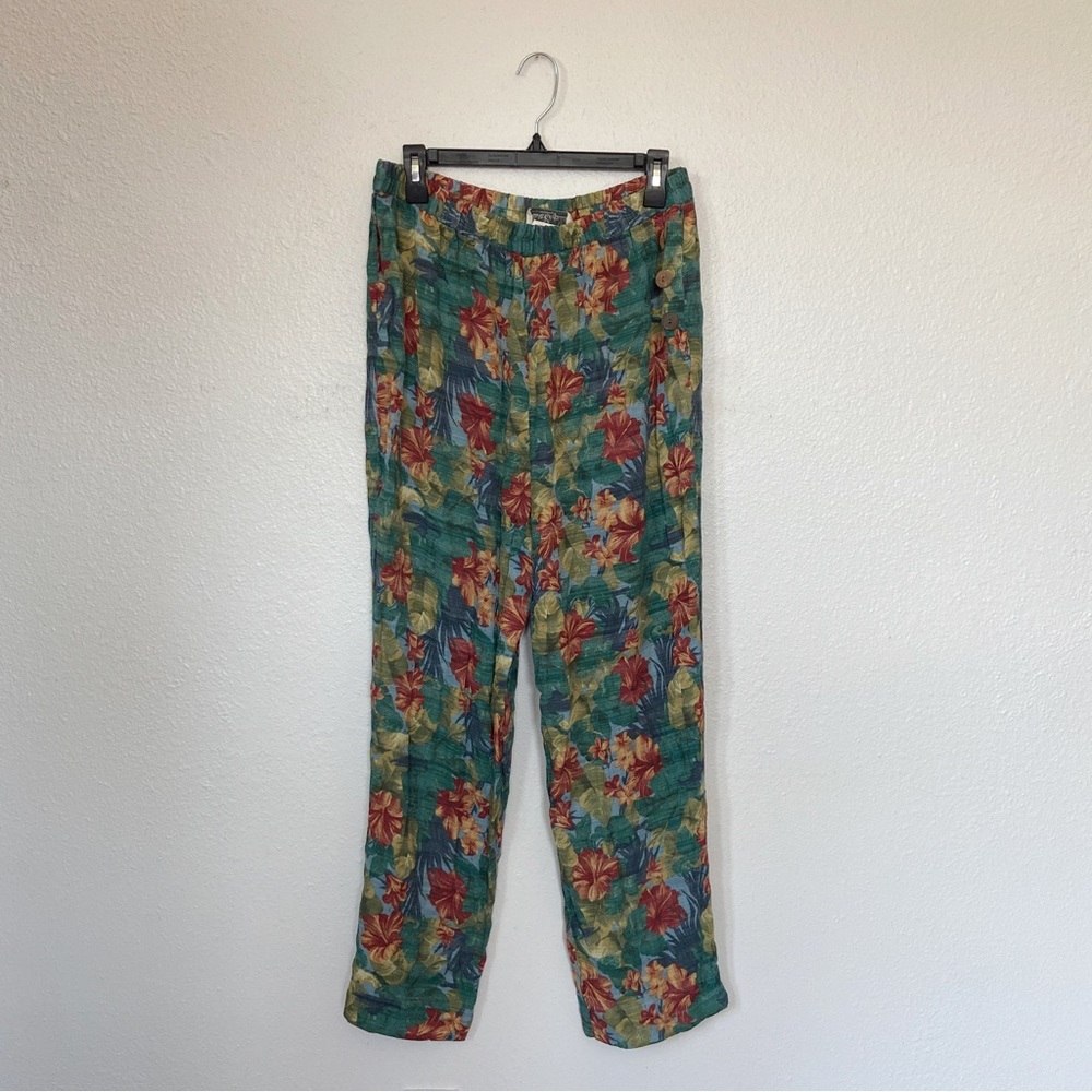 Vintage Floral Linen Blend Elastic Waist Pants
